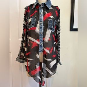 Women’s sheer long sleeve top blouse with denim cut out details Small